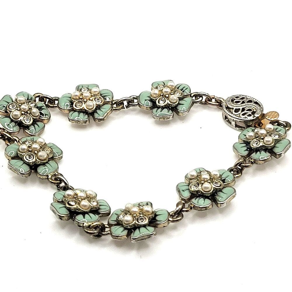 Floral Enamel Pearl Tennis Bracelet Box Clasp 7.3in - Picture 2 of 4